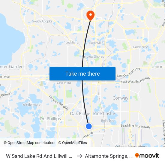 W Sand Lake Rd And Lillwill Ave to Altamonte Springs, FL map