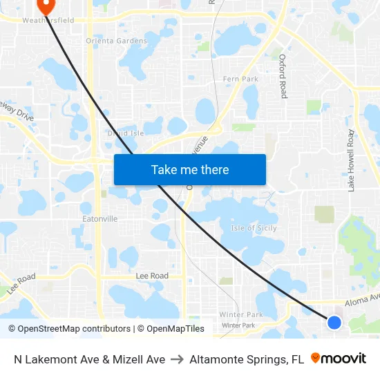 N Lakemont Ave & Mizell Ave to Altamonte Springs, FL map