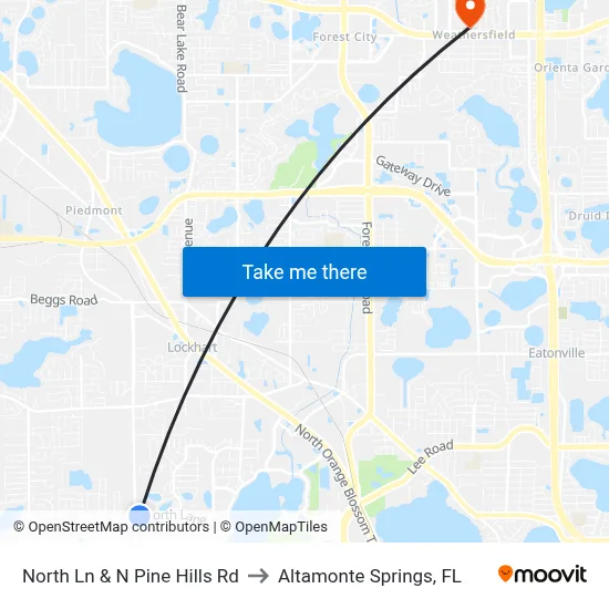 North Ln & N Pine Hills Rd to Altamonte Springs, FL map