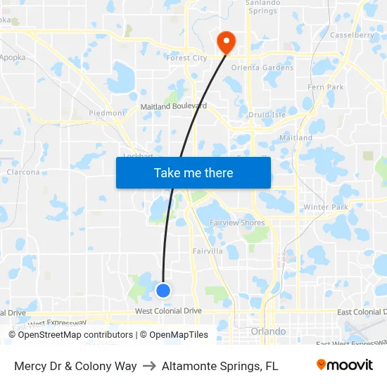 Mercy Dr & Colony Way to Altamonte Springs, FL map