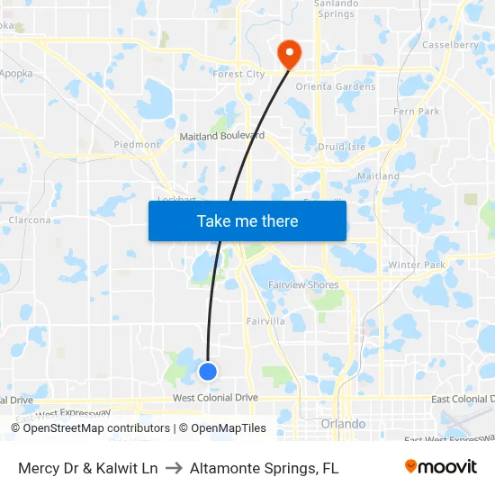 Mercy Dr & Kalwit Ln to Altamonte Springs, FL map
