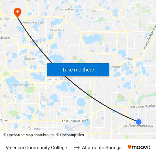 Valencia Community College East to Altamonte Springs, FL map