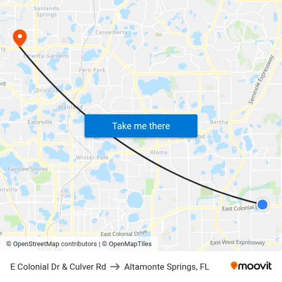 E Colonial Dr & Culver Rd to Altamonte Springs, FL map