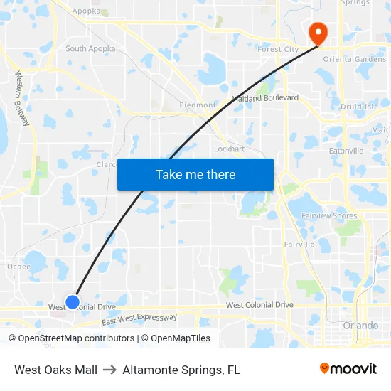 West Oaks Mall to Altamonte Springs, FL map