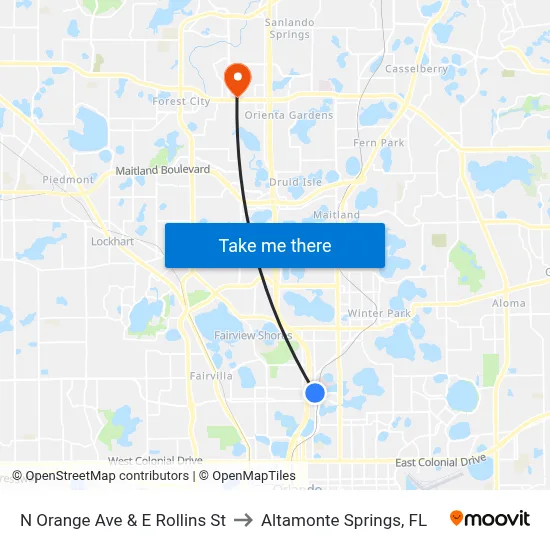 N Orange Ave & E Rollins St to Altamonte Springs, FL map