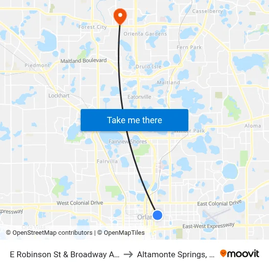 E Robinson St & Broadway Ave to Altamonte Springs, FL map