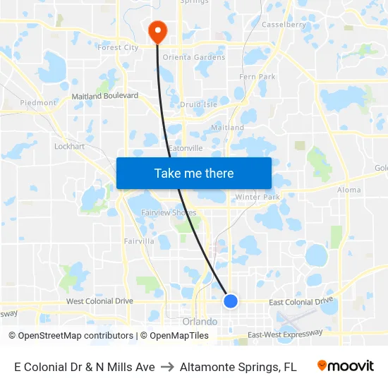 E Colonial Dr & N Mills Ave to Altamonte Springs, FL map