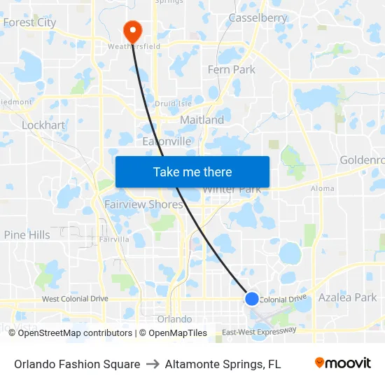 Orlando Fashion Square to Altamonte Springs, FL map