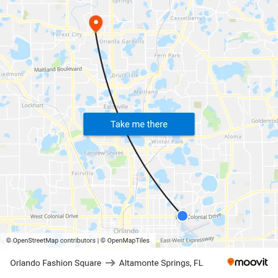 Orlando Fashion Square to Altamonte Springs, FL map