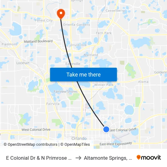 E Colonial Dr & N Primrose Dr to Altamonte Springs, FL map