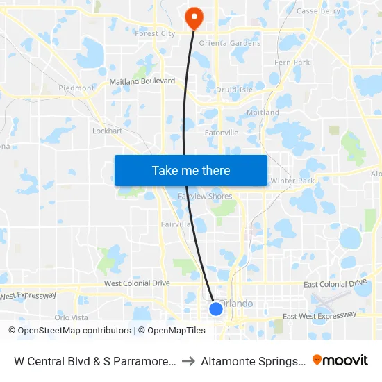 W Central Blvd & S Parramore Ave to Altamonte Springs, FL map