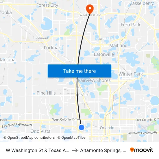 W Washington St & Texas Ave to Altamonte Springs, FL map