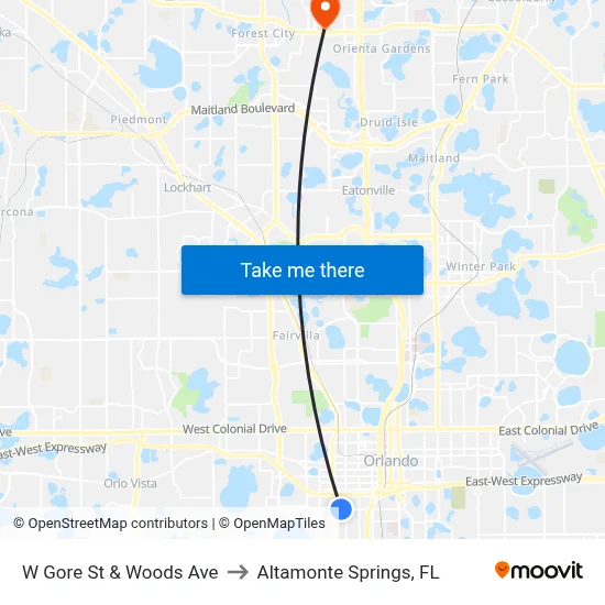 W Gore St & Woods Ave to Altamonte Springs, FL map