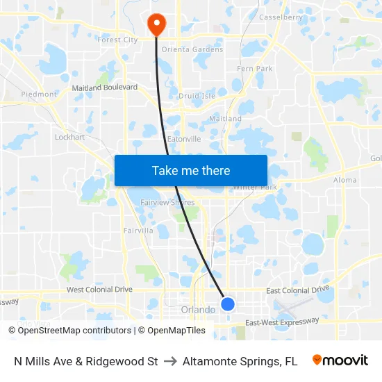 N Mills Ave & Ridgewood St to Altamonte Springs, FL map