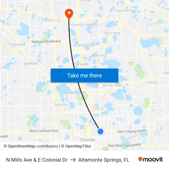 N Mills Ave & E Colonial Dr to Altamonte Springs, FL map