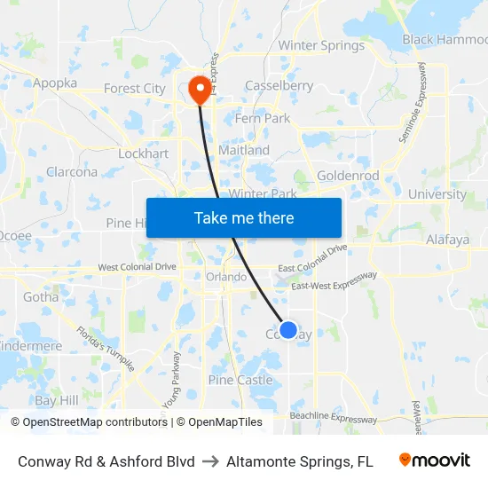 Conway Rd & Ashford Blvd to Altamonte Springs, FL map