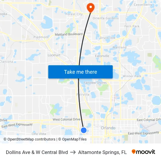 Dollins Ave & W Central Blvd to Altamonte Springs, FL map