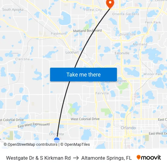 Westgate Dr & S Kirkman Rd to Altamonte Springs, FL map