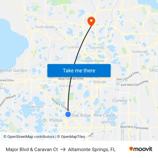Major Blvd & Caravan Ct to Altamonte Springs, FL map