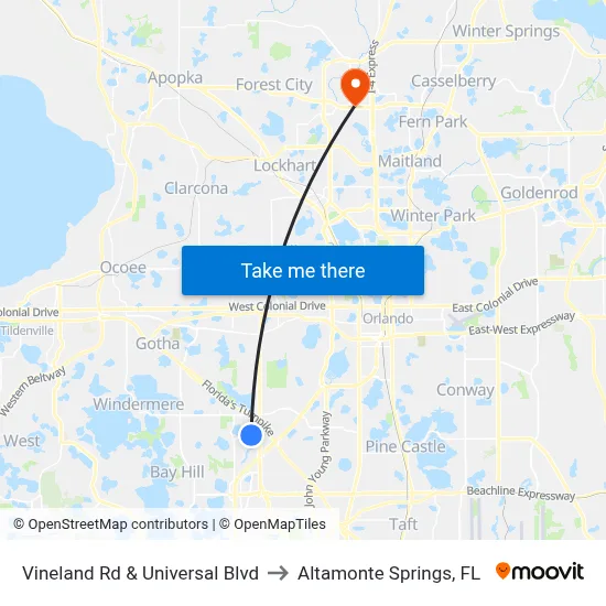 Vineland Rd & Universal Blvd to Altamonte Springs, FL map