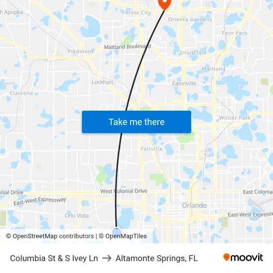 Columbia St & S Ivey Ln to Altamonte Springs, FL map