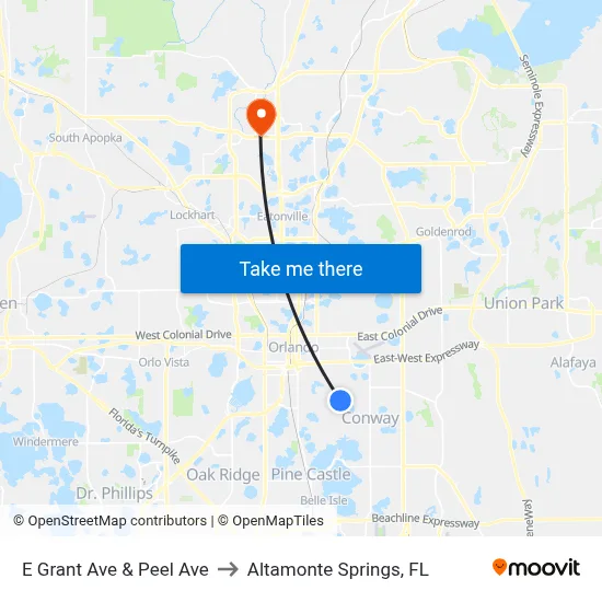 E Grant Ave & Peel Ave to Altamonte Springs, FL map
