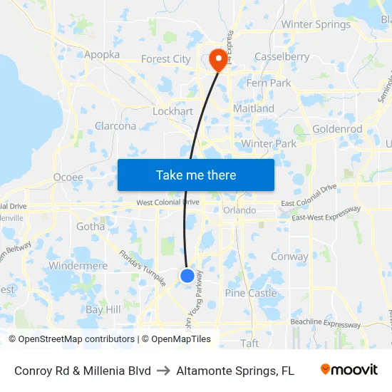 Conroy Rd & Millenia Blvd to Altamonte Springs, FL map