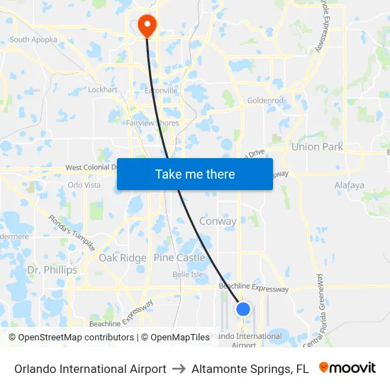 Orlando International Airport to Altamonte Springs, FL map