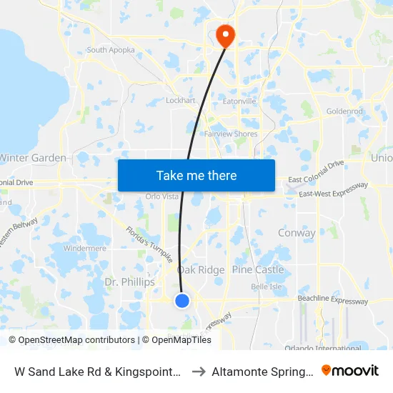 W Sand Lake Rd & Kingspointe Pkwy to Altamonte Springs, FL map