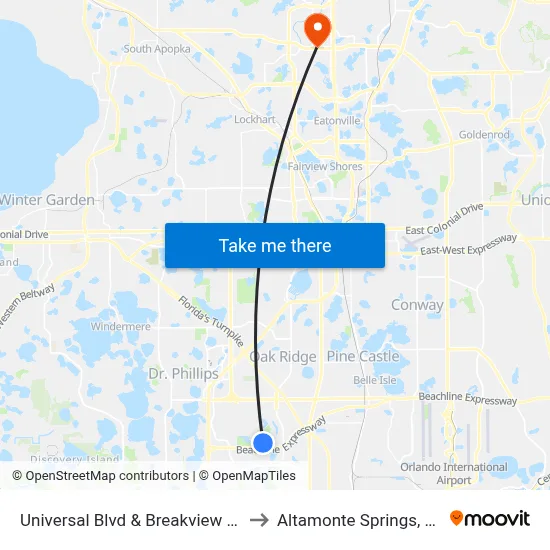 Universal Blvd & Breakview Dr to Altamonte Springs, FL map