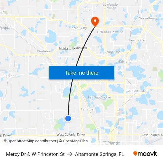 Mercy Dr & W Princeton St to Altamonte Springs, FL map