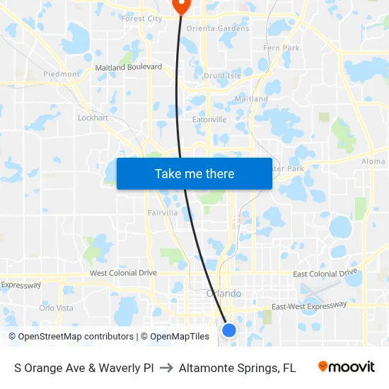 S Orange Ave & Waverly Pl to Altamonte Springs, FL map