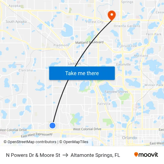 N Powers Dr & Moore St to Altamonte Springs, FL map