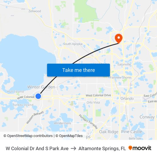 W Colonial Dr And S Park Ave to Altamonte Springs, FL map