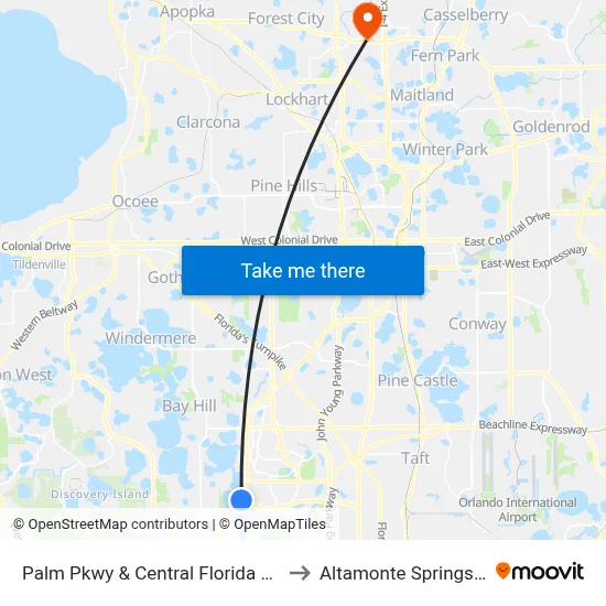 Palm Pkwy & Central Florida Pkwy to Altamonte Springs, FL map
