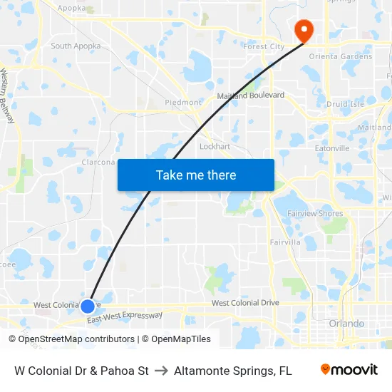 W Colonial Dr & Pahoa St to Altamonte Springs, FL map