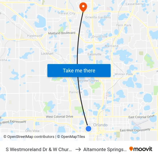 S Westmoreland Dr & W Church St to Altamonte Springs, FL map