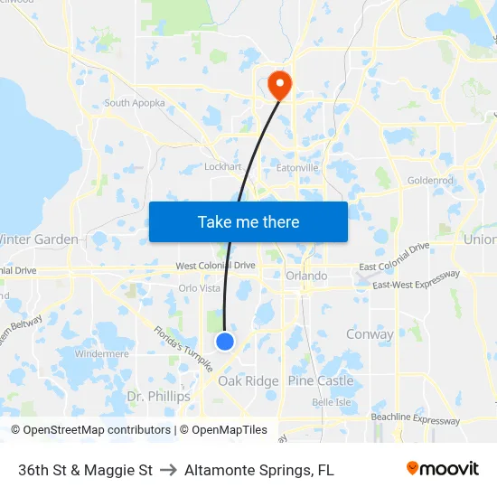 36th St & Maggie St to Altamonte Springs, FL map