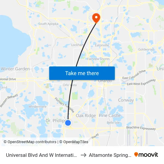Universal Blvd And W International Dr to Altamonte Springs, FL map