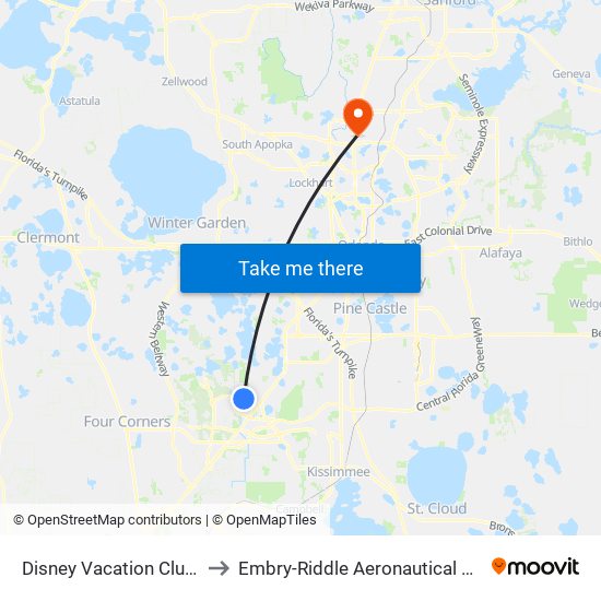 Disney Vacation Club Way And Community Dr to Embry-Riddle Aeronautical University (Metro Orlando Campus) map