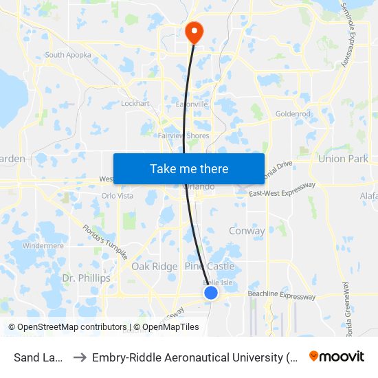 Sand Lake Road to Embry-Riddle Aeronautical University (Metro Orlando Campus) map