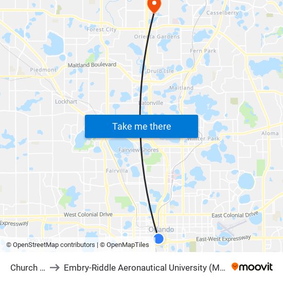Church Street to Embry-Riddle Aeronautical University (Metro Orlando Campus) map