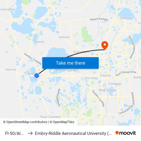 Fl-50/Almond St to Embry-Riddle Aeronautical University (Metro Orlando Campus) map