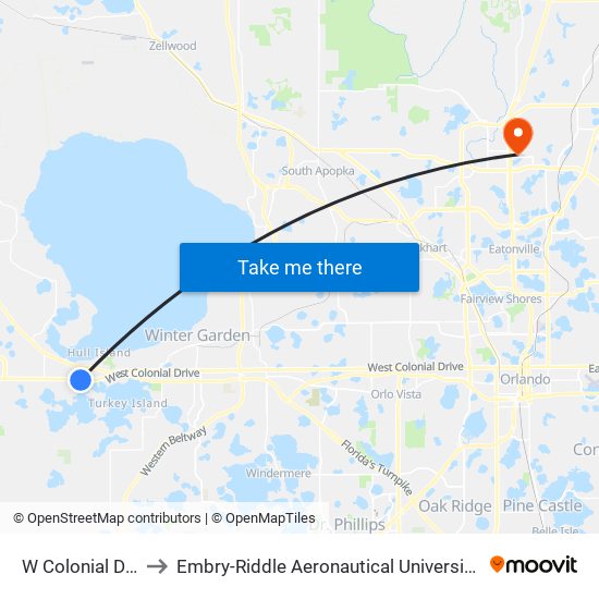 W Colonial Dr/Lake Blvd to Embry-Riddle Aeronautical University (Metro Orlando Campus) map