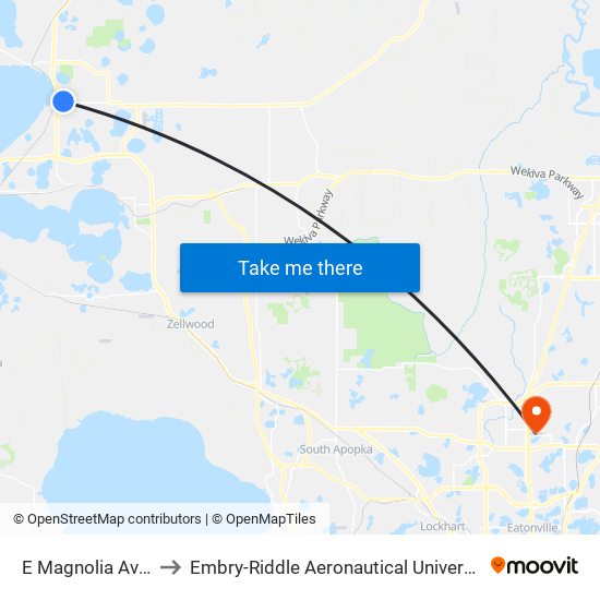 E Magnolia Ave/N Center St to Embry-Riddle Aeronautical University (Metro Orlando Campus) map