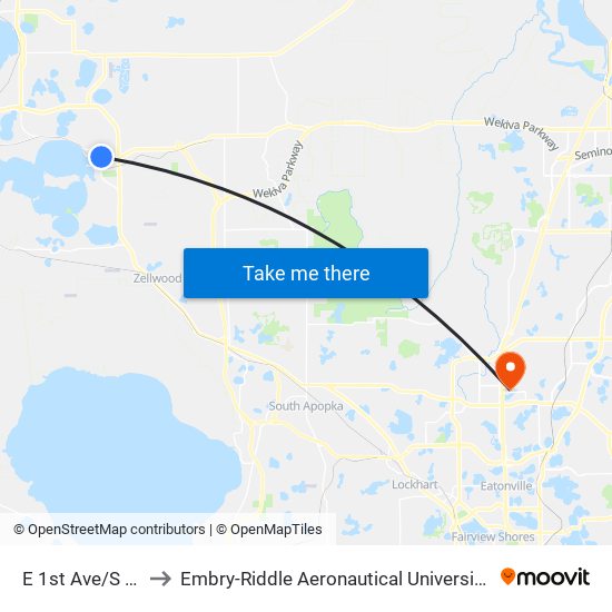 E 1st Ave/S Highland St to Embry-Riddle Aeronautical University (Metro Orlando Campus) map