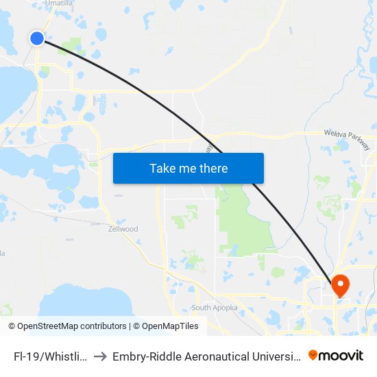 Fl-19/Whistling Pines Rd to Embry-Riddle Aeronautical University (Metro Orlando Campus) map