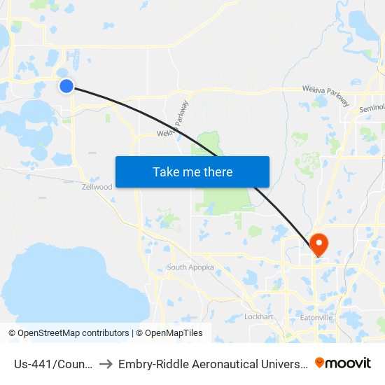 Us-441/Country Club Blvd to Embry-Riddle Aeronautical University (Metro Orlando Campus) map