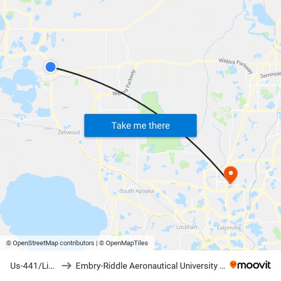 Us-441/Lincoln Ave to Embry-Riddle Aeronautical University (Metro Orlando Campus) map
