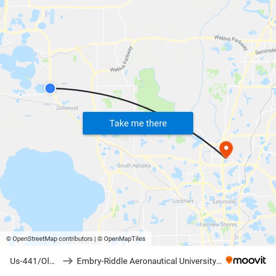 Us-441/Ola Beach Dr to Embry-Riddle Aeronautical University (Metro Orlando Campus) map